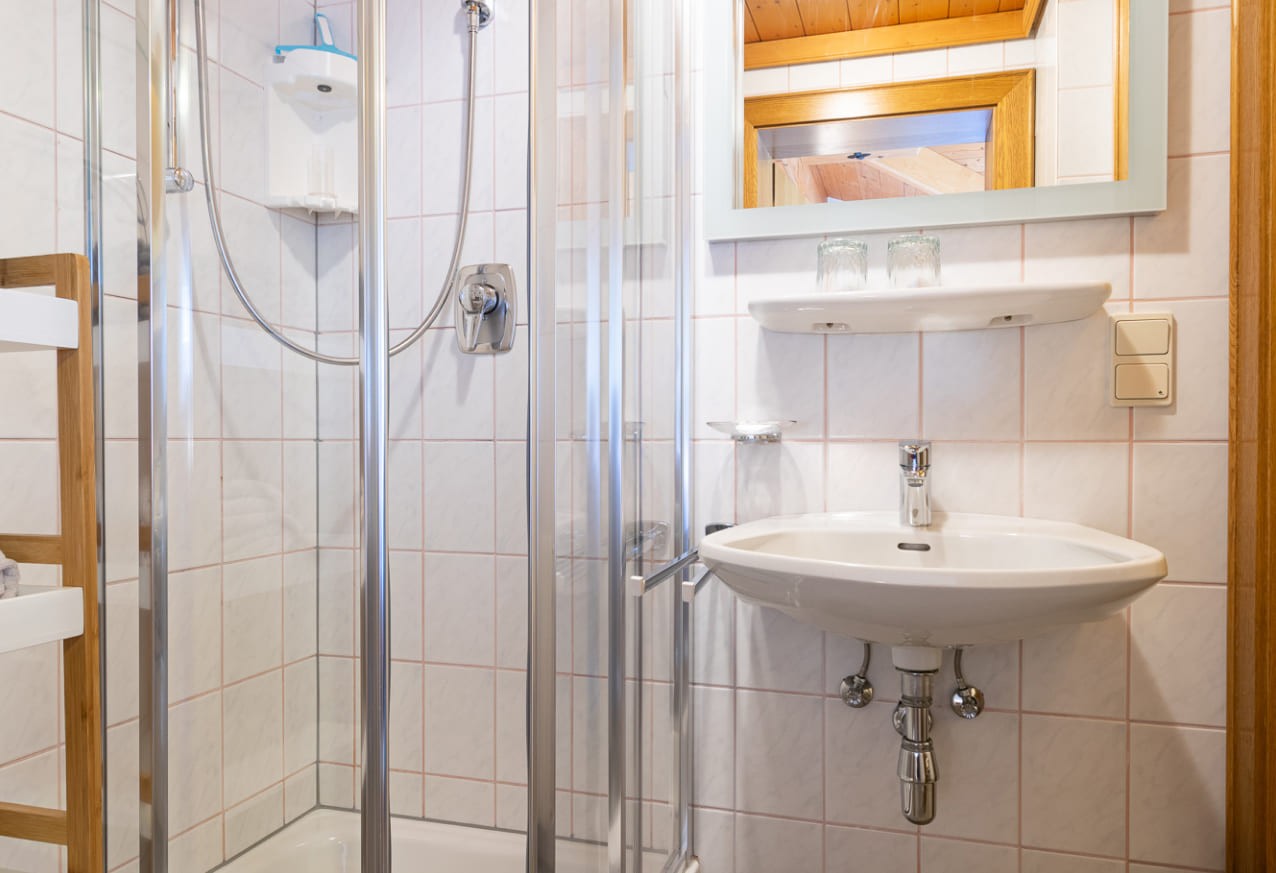 Badezimmer mit Dusche, Waschbecken und Regal