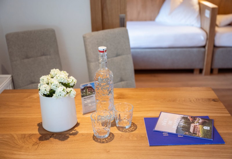 Blumen, Wasserflasche und Prospekt auf dem Esstisch